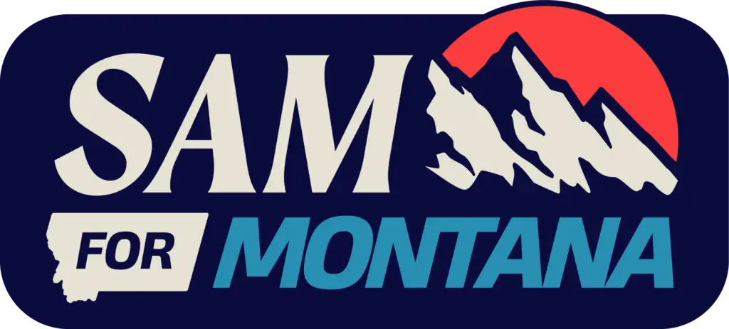Campaign log for Sam Forstag for Montana, depicting his name next to a mountain with a sunset in the background