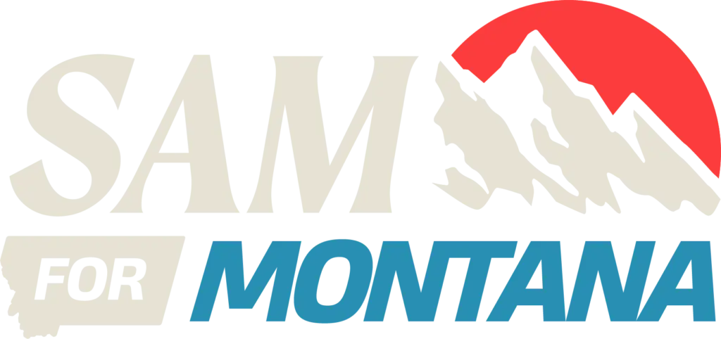 Campaign log for Sam Forstag for Montana, depicting his name next to a mountain with a sunset in the background